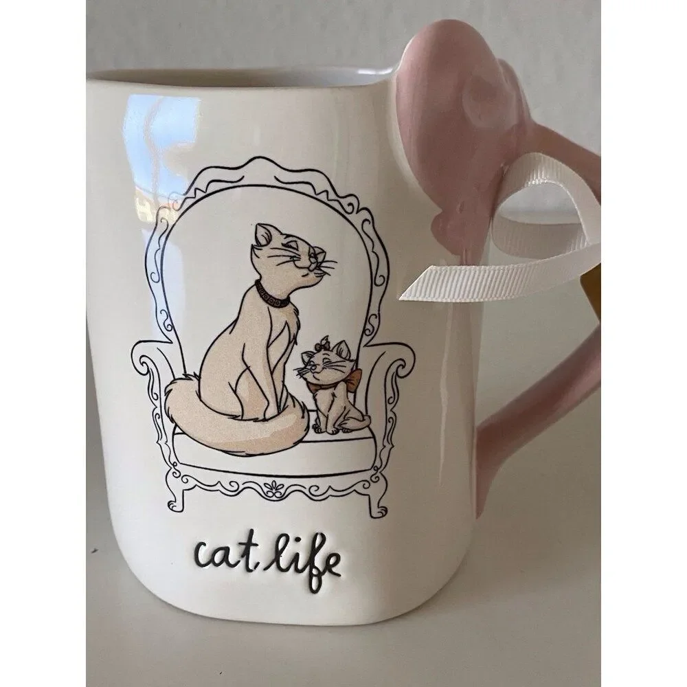 Rae Dunn Disney Aristocats‎ Duchess & Marie Cat Life Pink Bow Handle Mug Cup NEW - Picture 2 of 11